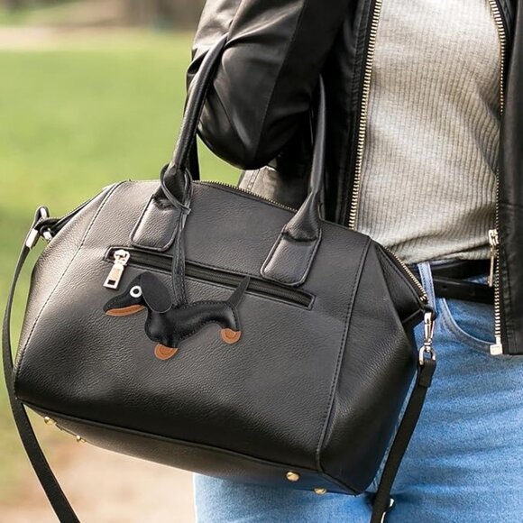 Black & Brown Dachshund Leather Bag Charm Keychain Dog Purse Accessory - Picture 2 of 5